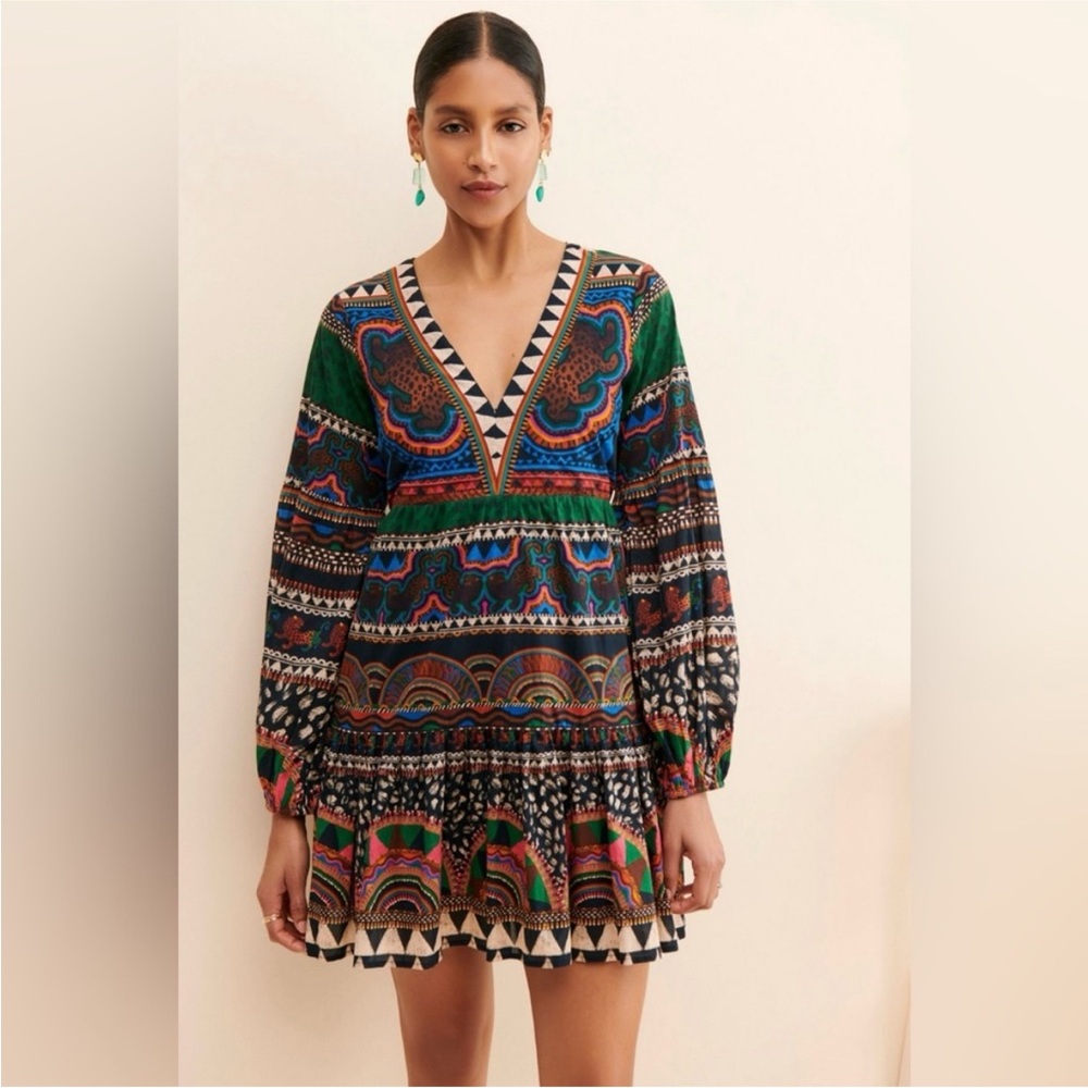 Anthro by Farm Rio V-neck multi mini dress size XS.